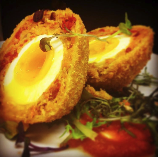 Close Leece Farm Chorizo Scotch Egg at Macfarlane's restaurant https://instagram.com/p/BdNctsilKRX/