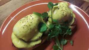 Manx Chorizo from Close Leece farm, black pudding, toasted English muffins, poached free range eggs and oozy hollandaise - available as a special at The Eatery, Duke Street, Douglas.