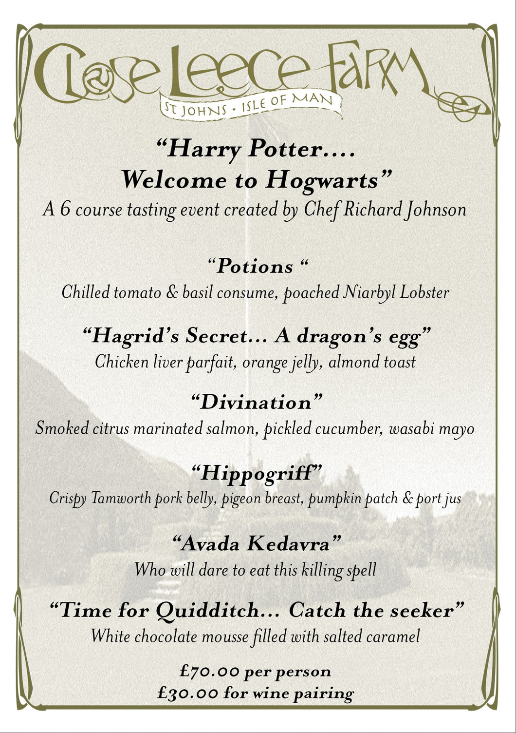 Book seats at our 6 course 'Harry Potter' tasting menu dinner